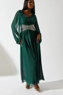 Cape Shoulder Chiffon Embellished Waistband Maxi Dress