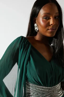 Cape Shoulder Chiffon Embellished Waistband Maxi Dress