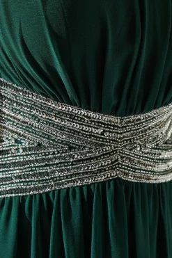 Cape Shoulder Chiffon Embellished Waistband Maxi Dress