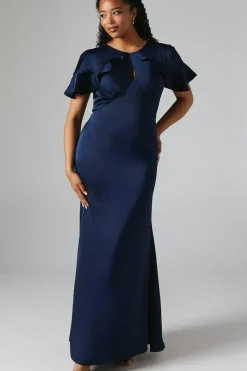 Cape Shoulder Keyhole Detail Satin Bridesmaid Maxi Dress