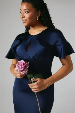 Cape Shoulder Keyhole Detail Satin Bridesmaid Maxi Dress
