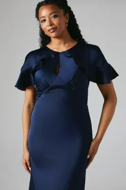 Cape Shoulder Keyhole Detail Satin Bridesmaid Maxi Dress