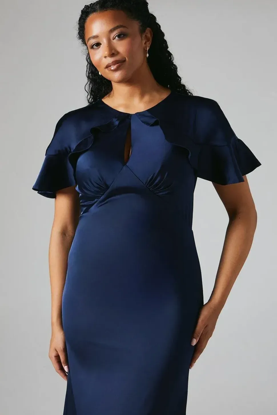 Cape Shoulder Keyhole Detail Satin Bridesmaid Maxi Dress