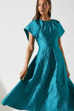 Cape Sleeve Detail Jacquard Midi Wedding Guest Dress