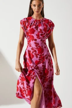 Cap Sleeve Floral Chiffon Midi Dress