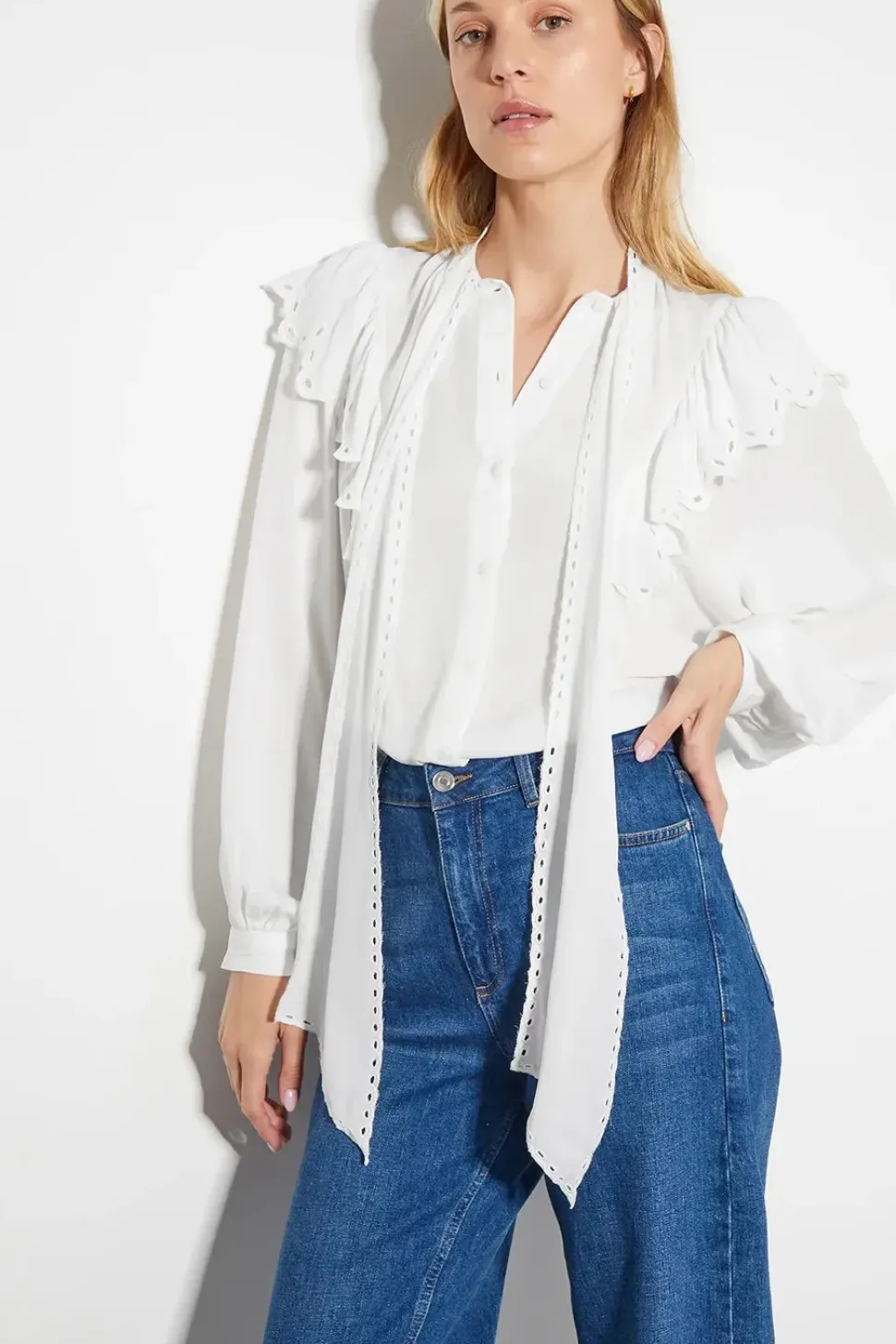 Cassie Broderie Frill Tie-Neck Blouse Ivory