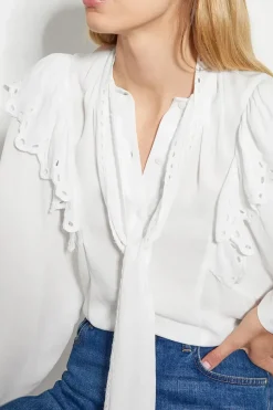Cassie Broderie Frill Tie-Neck Blouse Ivory