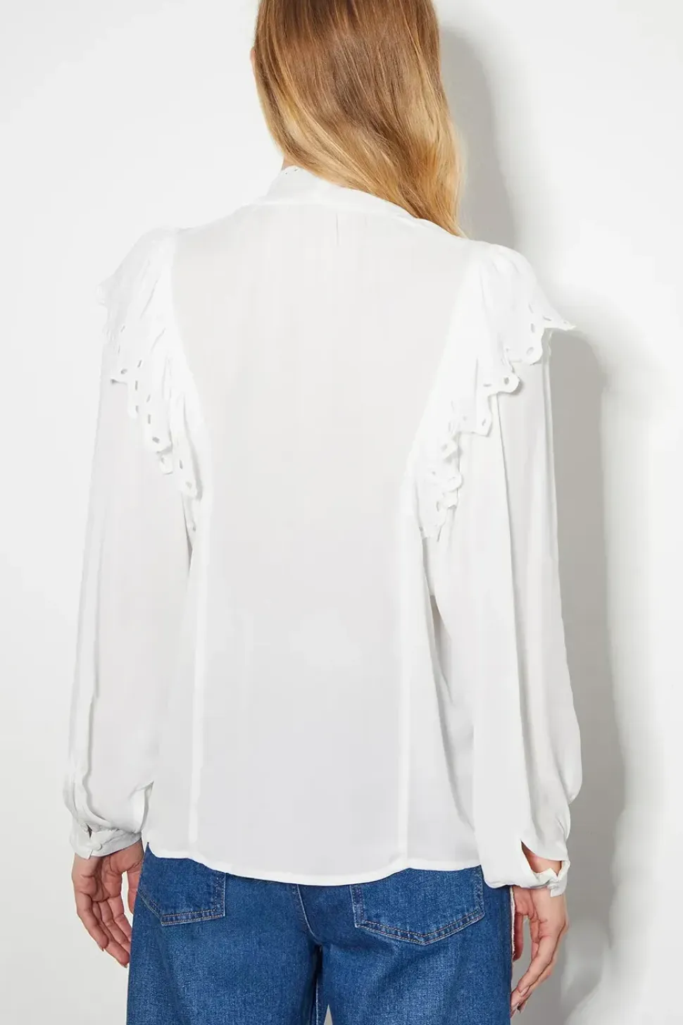 Cassie Broderie Frill Tie-Neck Blouse Ivory