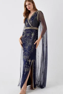 Celestial Hand Embellished Cape Back Maxi Dress