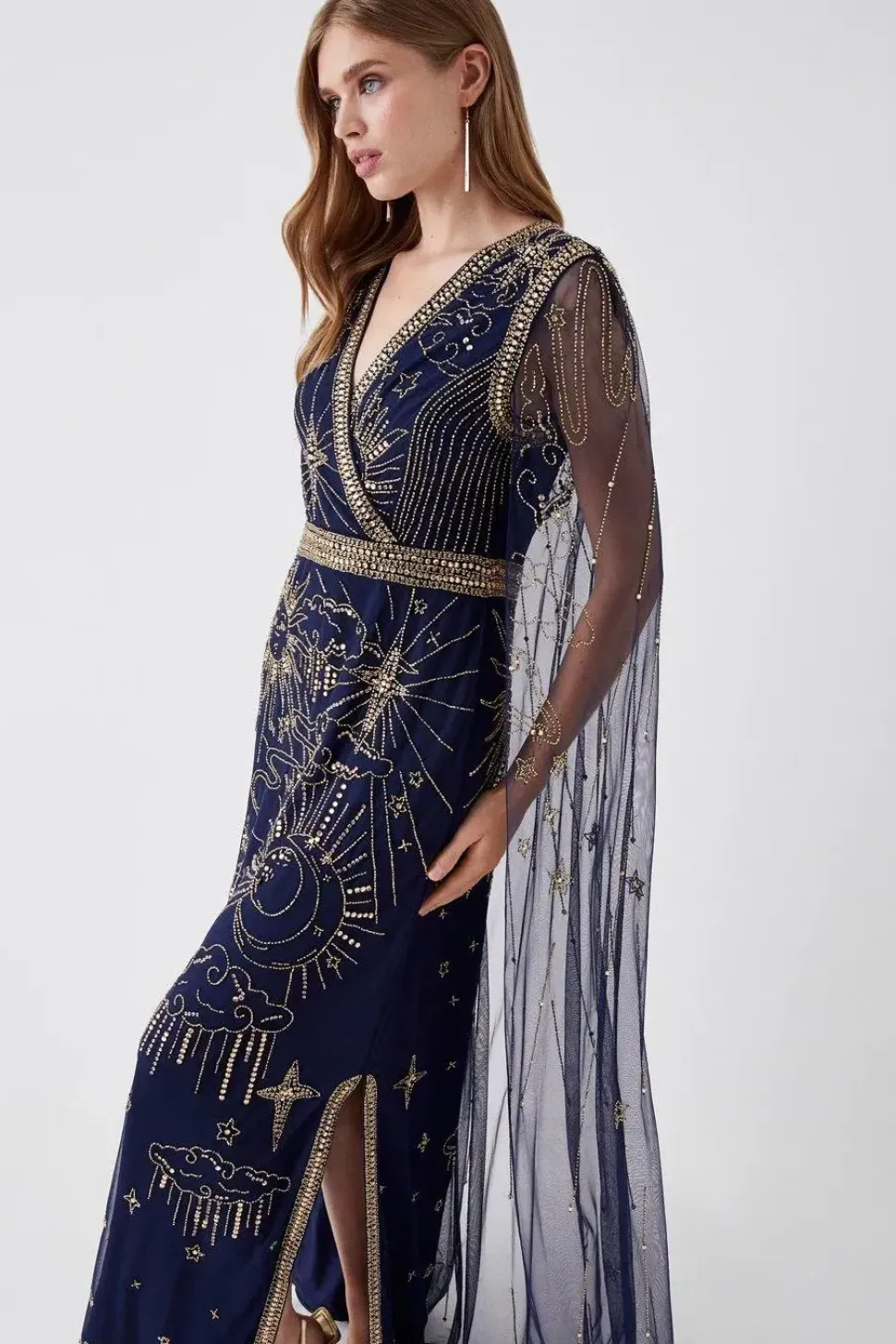 Celestial Hand Embellished Cape Back Maxi Dress