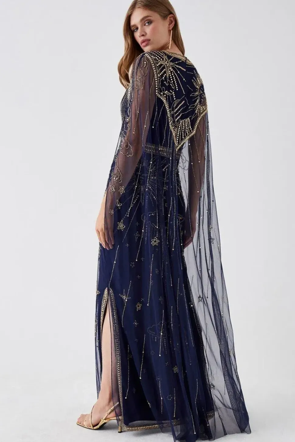 Celestial Hand Embellished Cape Back Maxi Dress