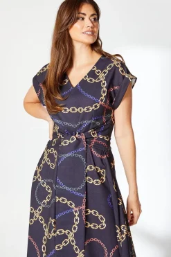 Chain Print Belted Midi Dress
