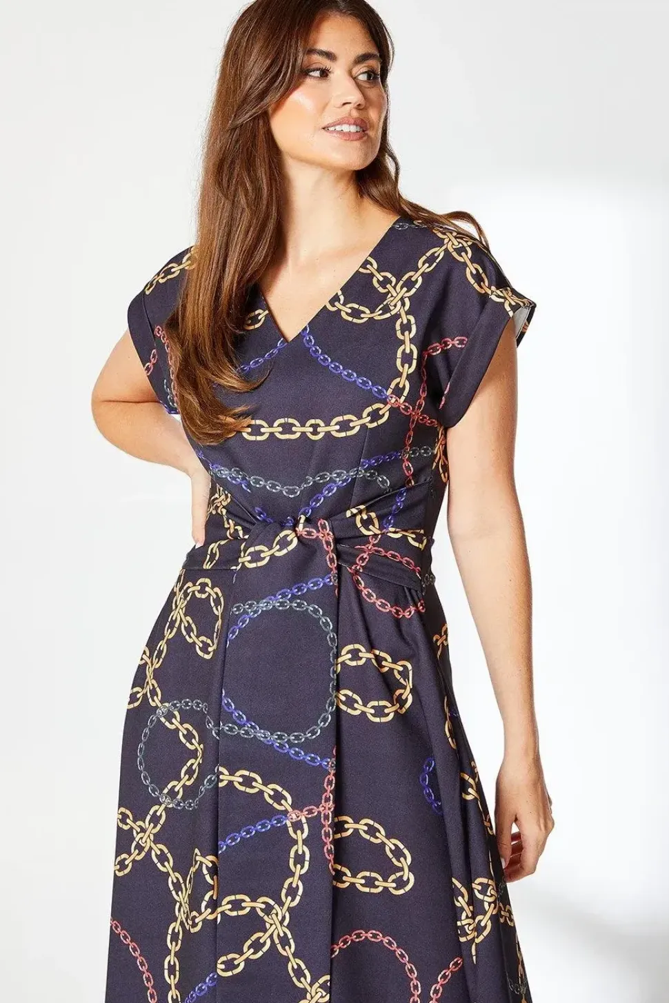 Chain Print Belted Midi Dress