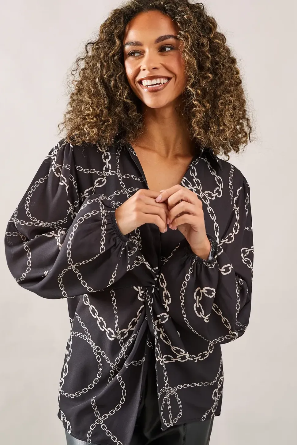 Chain Print Knot Detail Collared Blouse