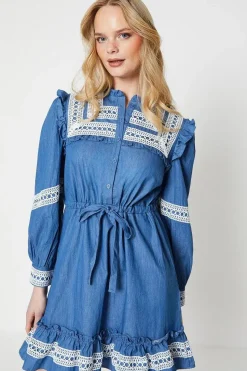 Chambray Lace Trim Drawstring Mini Dress