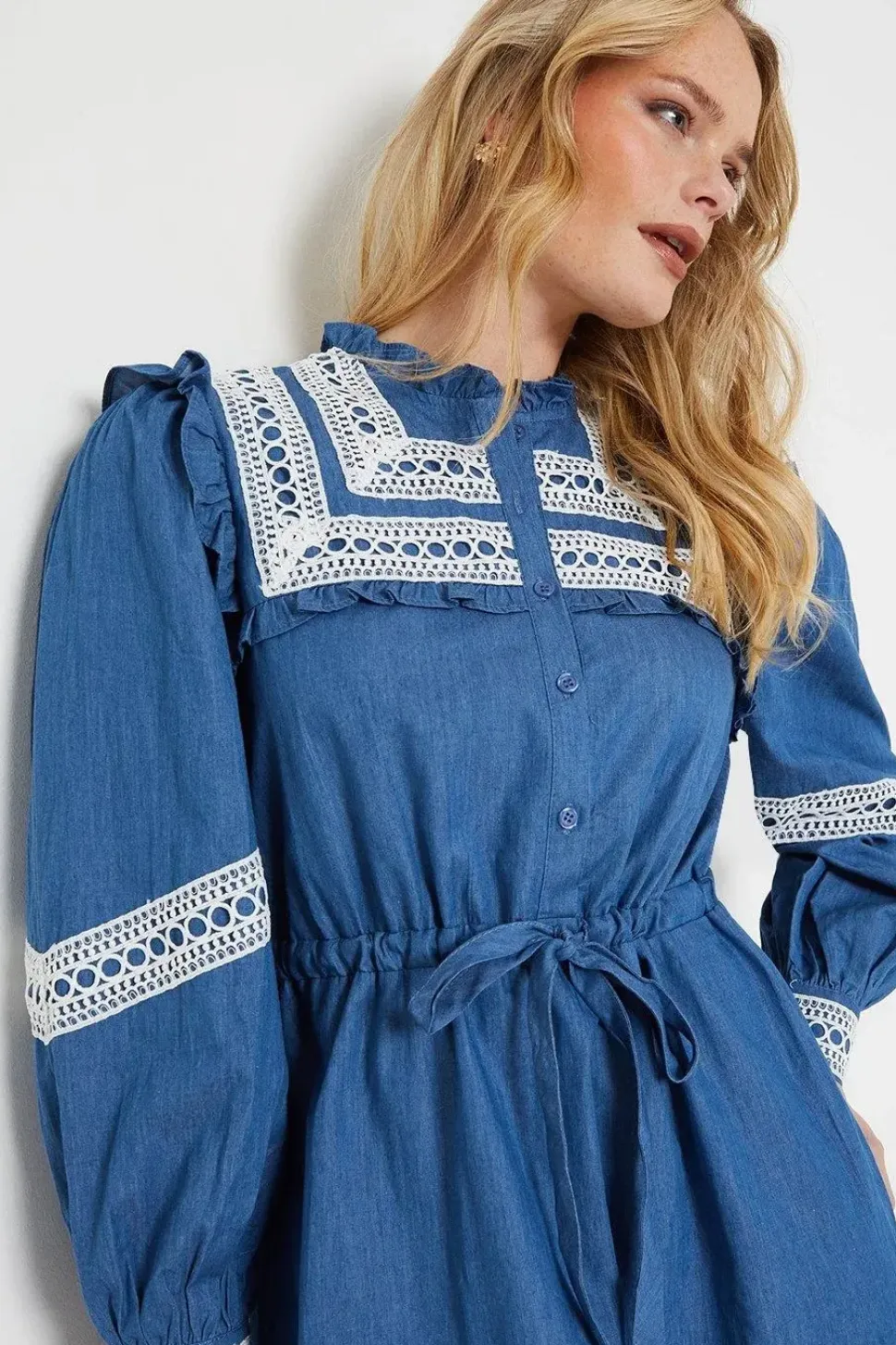 Chambray Lace Trim Drawstring Mini Dress