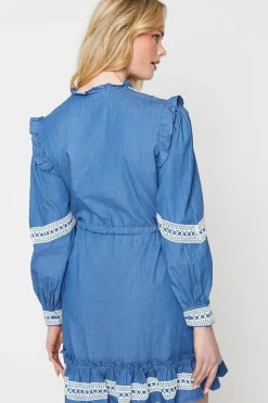 Chambray Lace Trim Drawstring Mini Dress