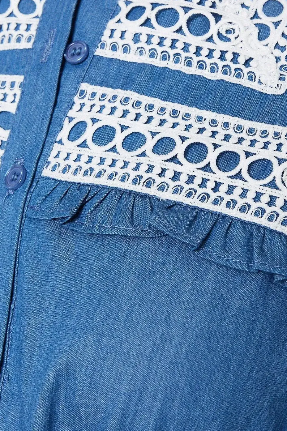 Chambray Lace Trim Drawstring Mini Dress