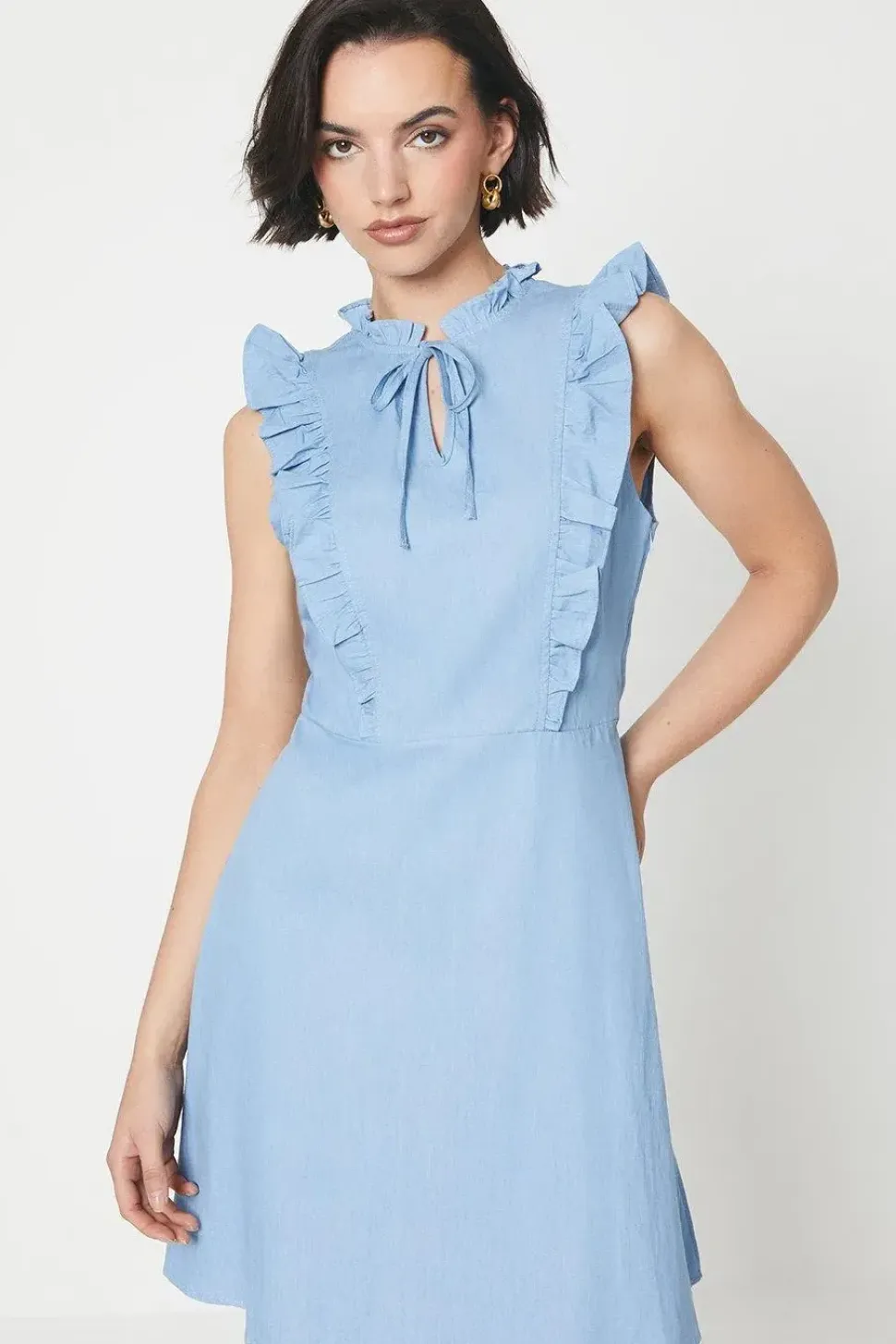 Chambray Lace Trim Ruffle Mini Dress
