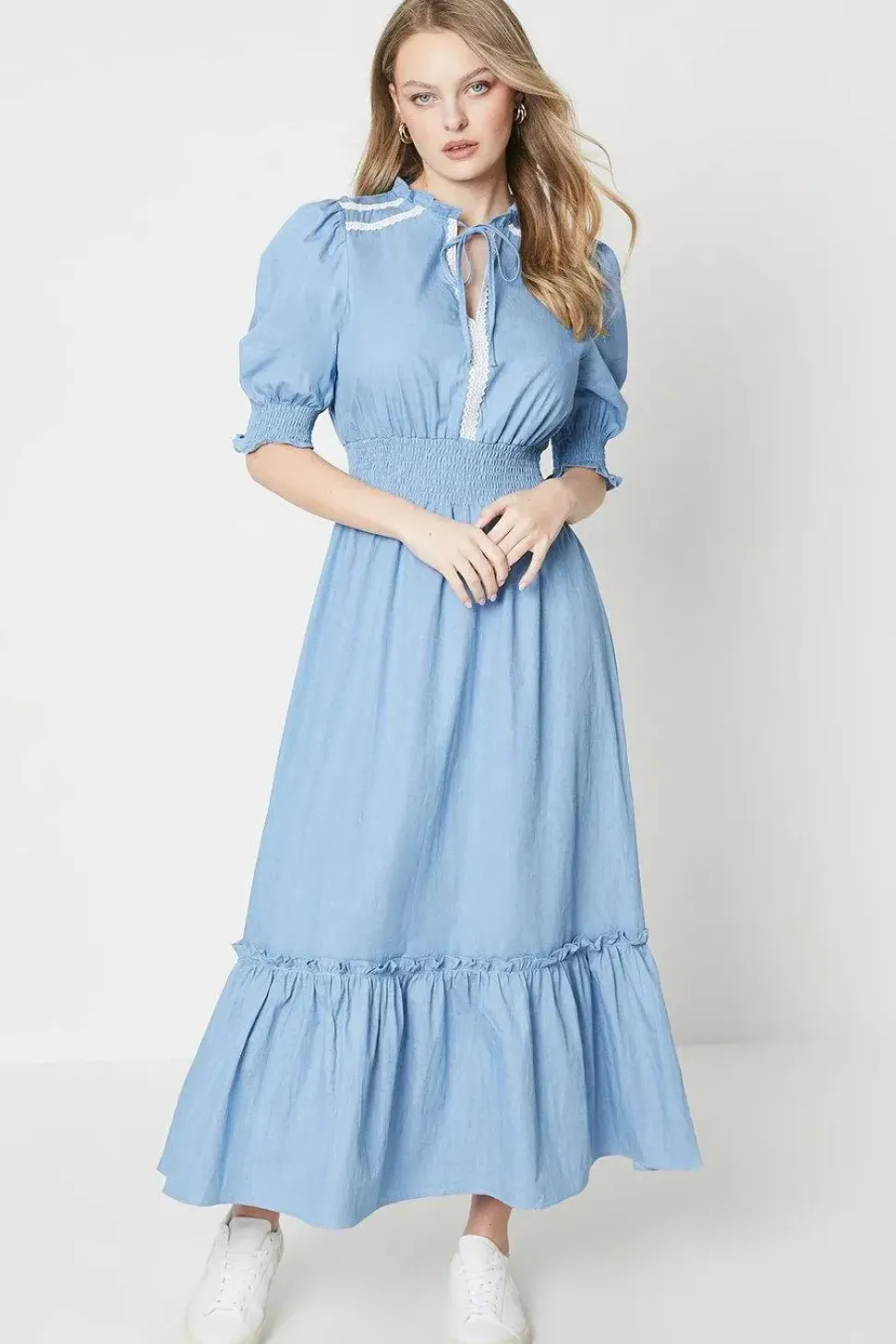 Chambray Lace Trim Shirred Waist Midi Dress