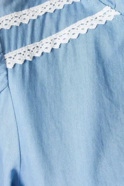 Chambray Lace Trim Shirred Waist Midi Dress
