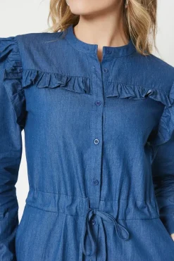 Chambray Ruffle Detail Drawstring Jumpsuit