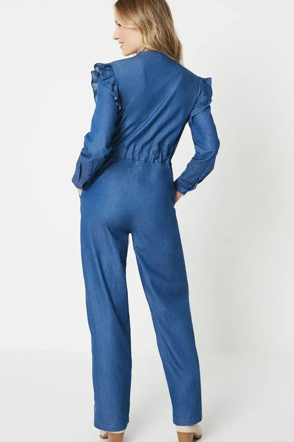 Chambray Ruffle Detail Drawstring Jumpsuit