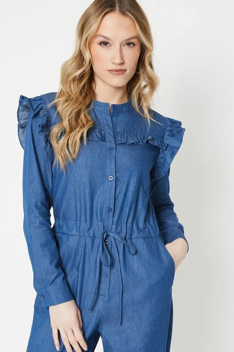 Chambray Ruffle Detail Drawstring Jumpsuit