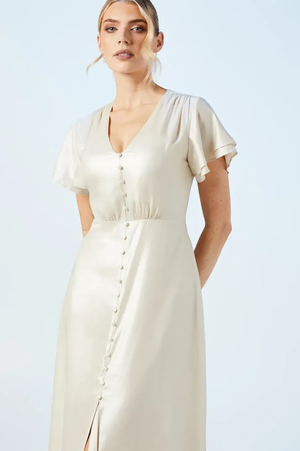 Champagne Shimmer Flutter Sleeve Maxi Wedding Dress