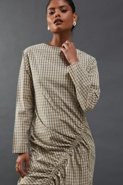 Check Batwing Channel Detail Midi Dress