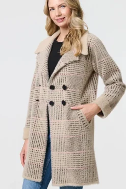Checked Button Front Thigh Length Trench Coat