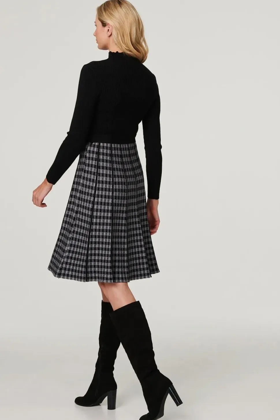 Checked High Neck Knit Dress