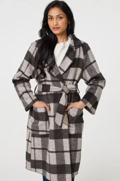 Checked Longline Coat with Belt