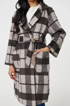 Checked Longline Coat with Belt