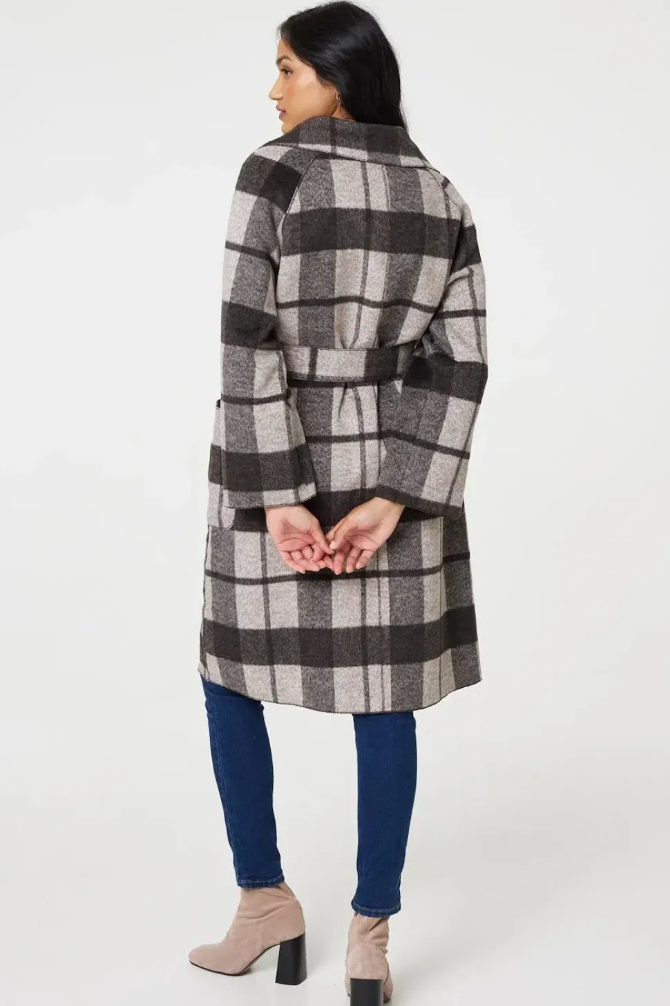 Checked Longline Coat with Belt