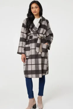 Checked Longline Coat with Belt