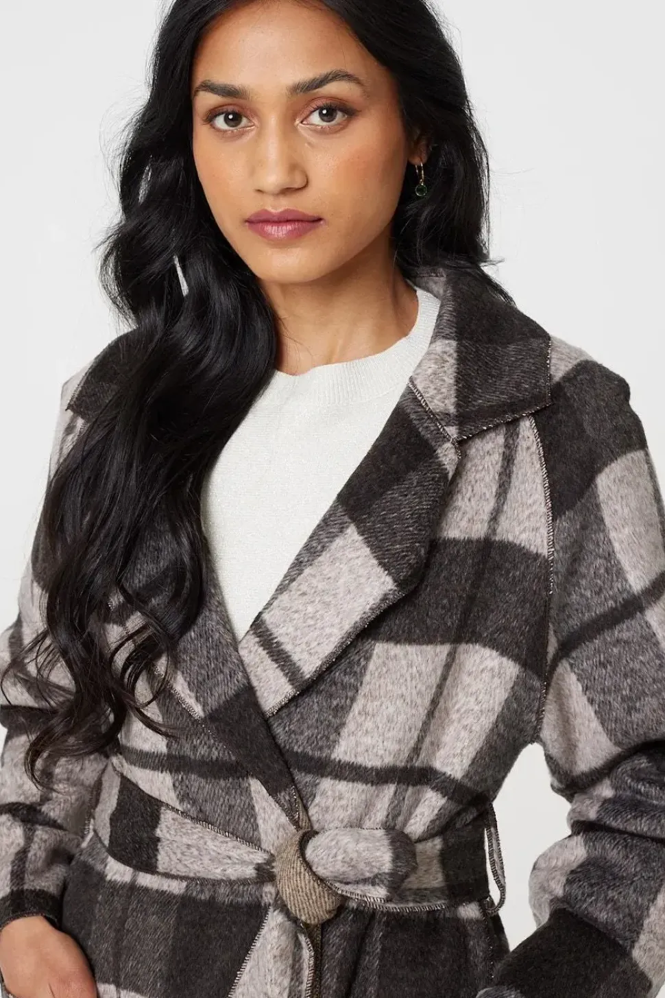 Checked Longline Coat with Belt