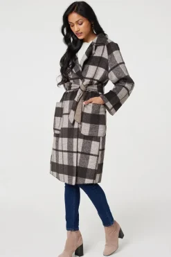 Checked Longline Coat with Belt