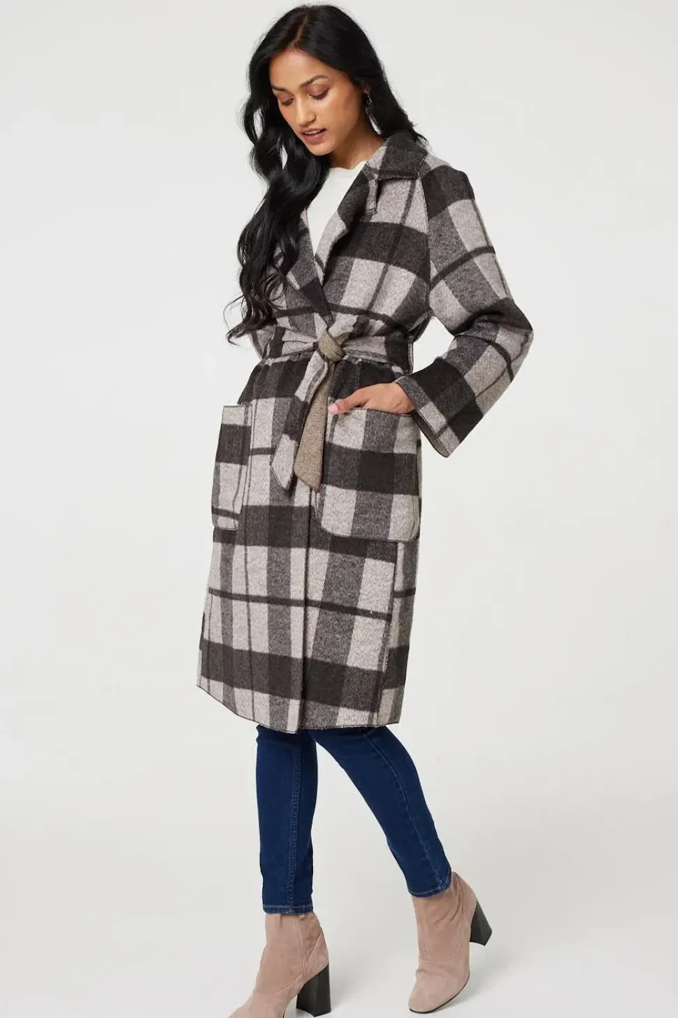 Checked Longline Coat with Belt