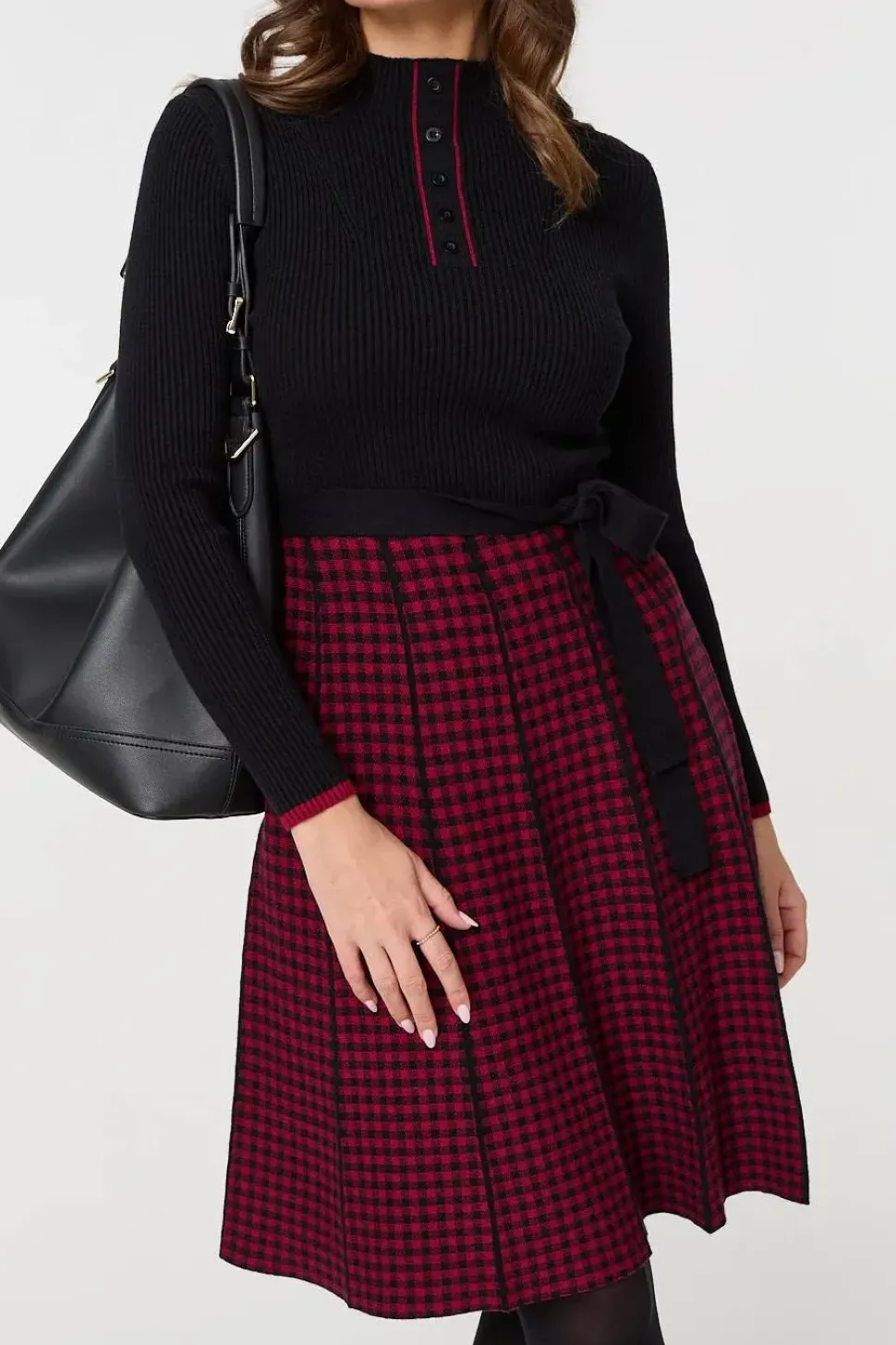 Checked Pleated Knee Length Jumper Dress