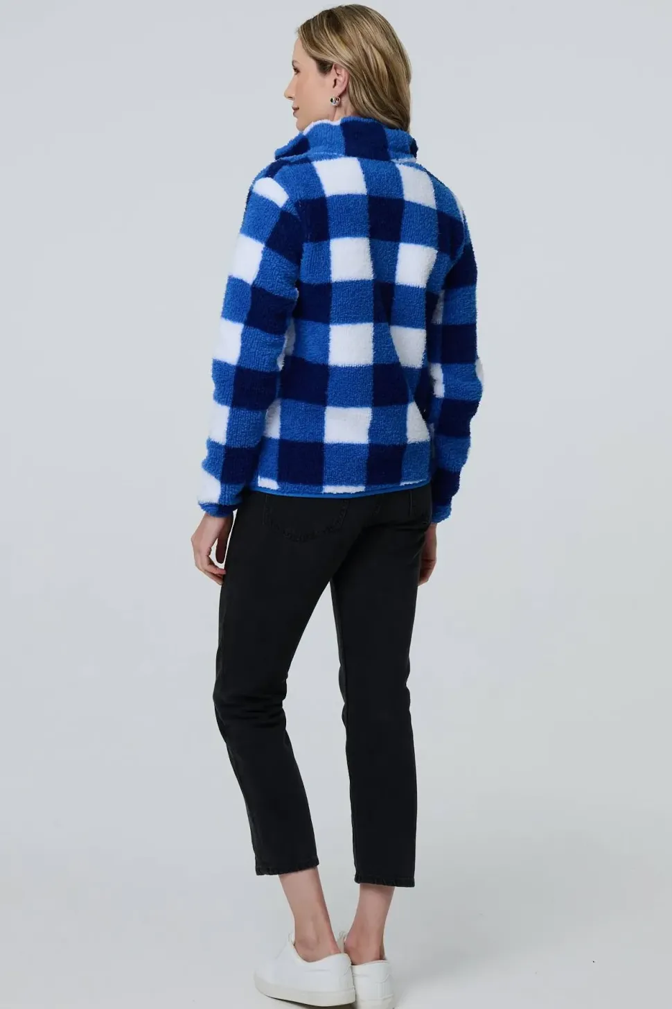 Checked Print Teddy Fur Zip Front Jacket