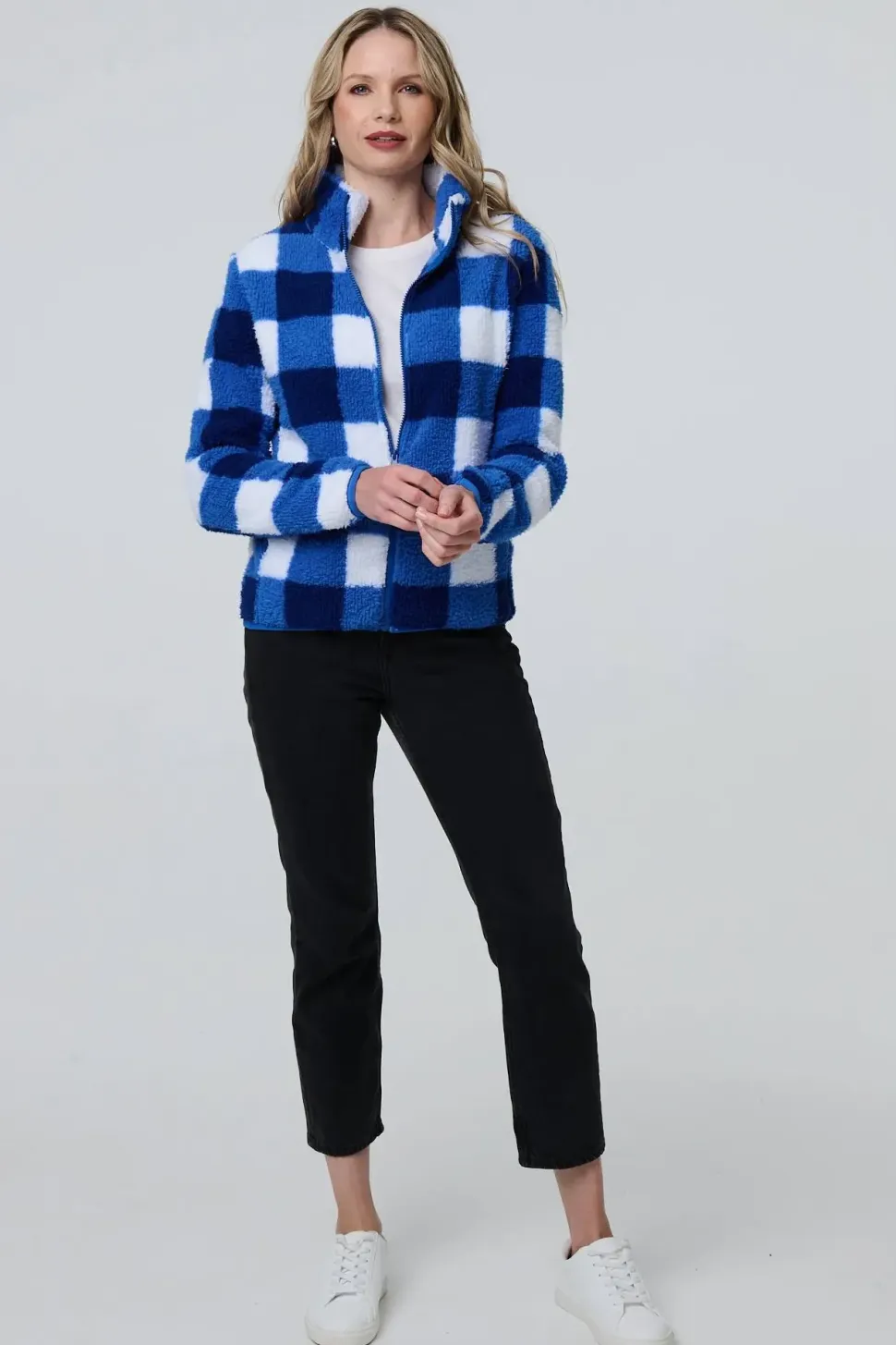 Checked Print Teddy Fur Zip Front Jacket