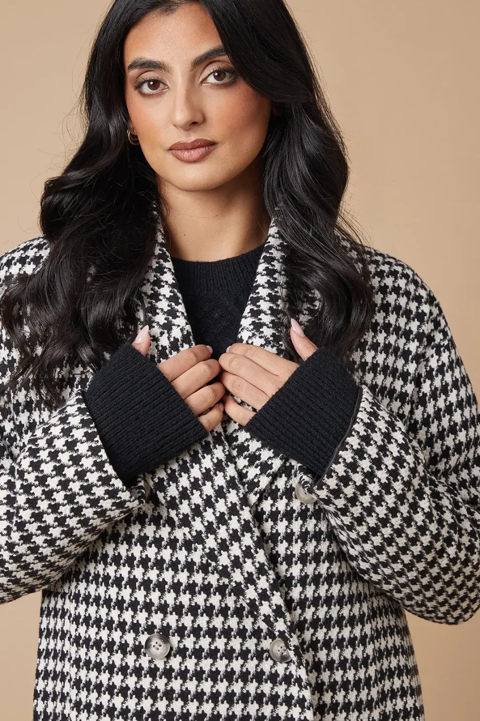 Checked Tab Back Detail Faux Wool Double Breasted Midi Coat