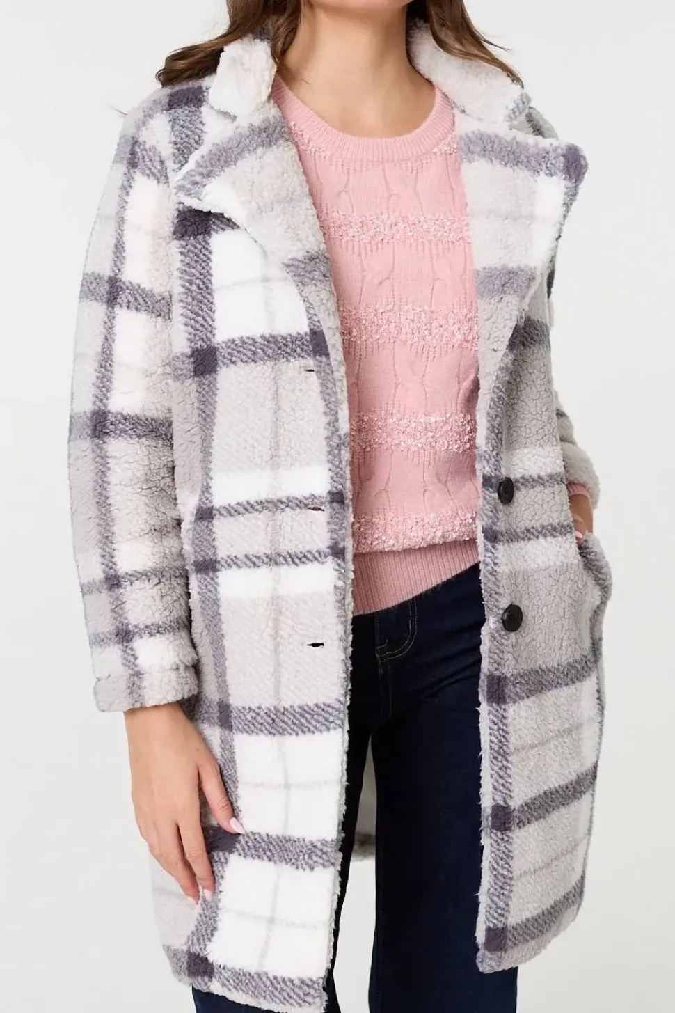 Checked Teddy Fur Thigh Length Jacket