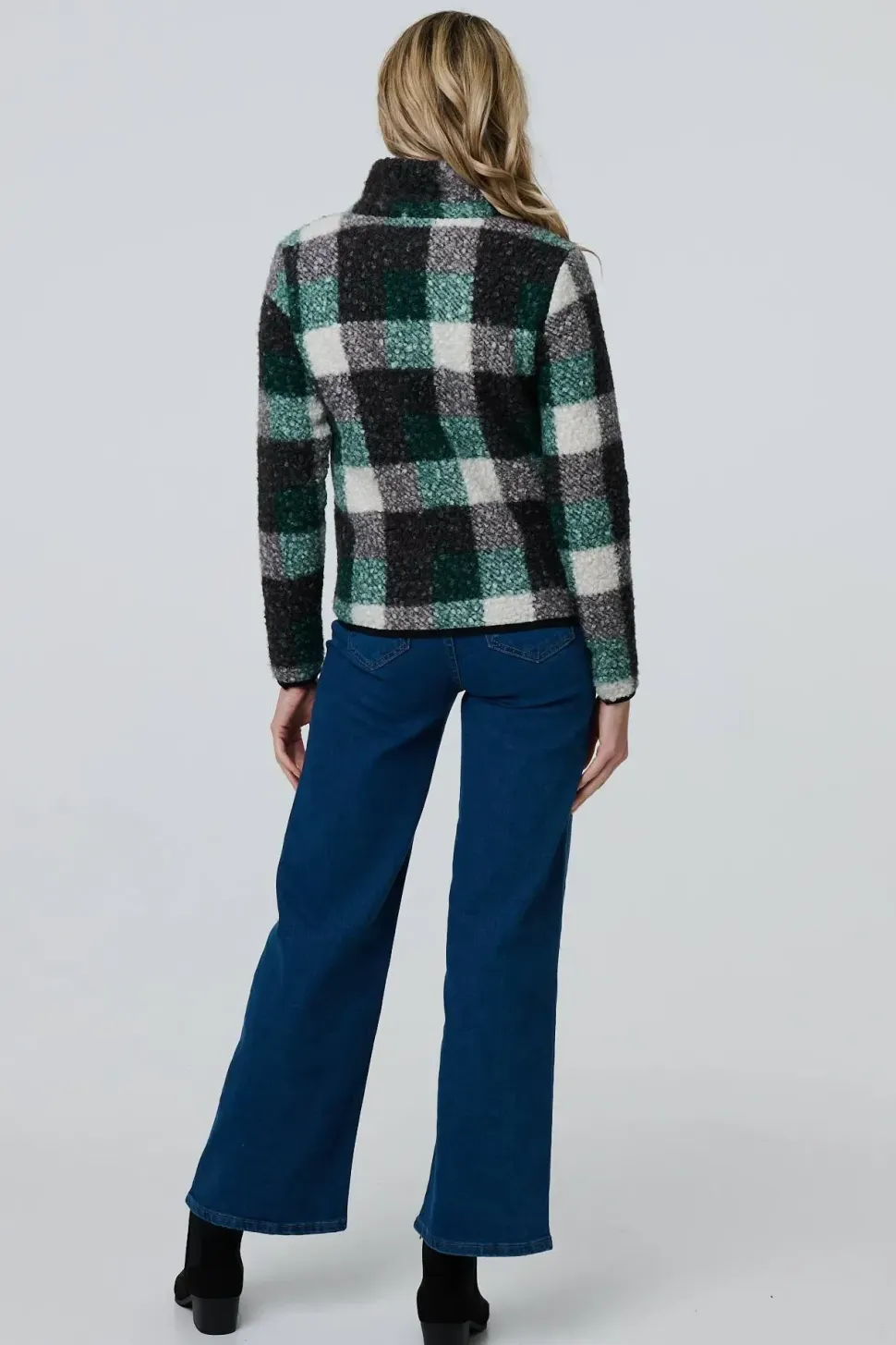 Checked Zip Front Boxy Teddy Jacket