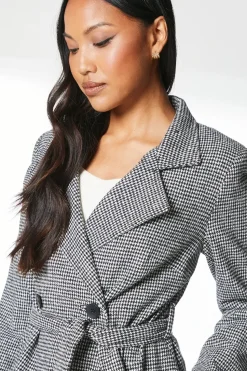 Check Funnel Neck Belted Wrap Coat