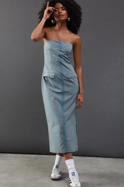 Check Hook & Eye Fitted Bandeau Midi Dress
