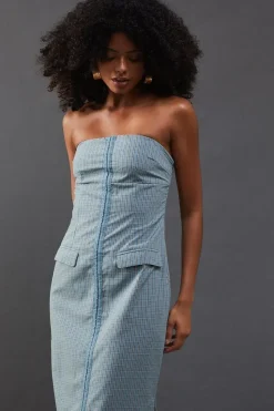 Check Hook & Eye Fitted Bandeau Midi Dress