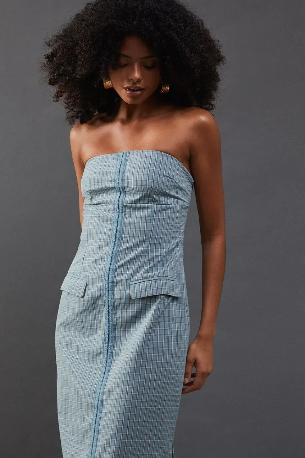 Check Hook & Eye Fitted Bandeau Midi Dress
