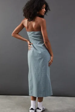 Check Hook & Eye Fitted Bandeau Midi Dress
